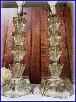 Pair Vintage Art Deco Stacked Floral Etched Clear Glass Table Lamps No Shade