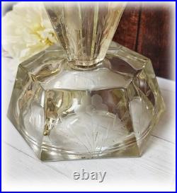 Pair Vintage Art Deco Stacked Floral Etched Clear Glass Table Lamps No Shade