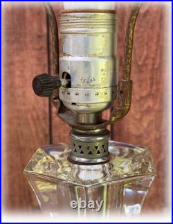 Pair Vintage Art Deco Stacked Floral Etched Clear Glass Table Lamps No Shade
