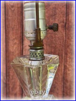 Pair Vintage Art Deco Stacked Floral Etched Clear Glass Table Lamps No Shade