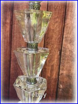 Pair Vintage Art Deco Stacked Floral Etched Clear Glass Table Lamps No Shade