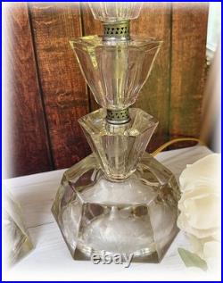 Pair Vintage Art Deco Stacked Floral Etched Clear Glass Table Lamps No Shade