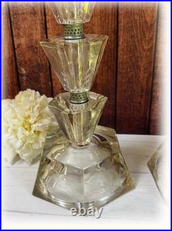 Pair Vintage Art Deco Stacked Floral Etched Clear Glass Table Lamps No Shade