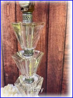 Pair Vintage Art Deco Stacked Floral Etched Clear Glass Table Lamps No Shade