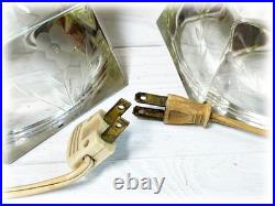 Pair Vintage Art Deco Stacked Floral Etched Clear Glass Table Lamps No Shade