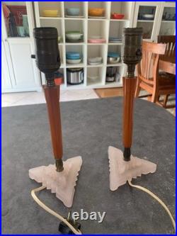Pair Vintage Art Deco Table Lamps Butterscotch Bakelight, Pink Base