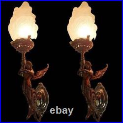 Pair Vintage Art Nouveau Deco light Old Lamp Mermaid Wall Sconces Fixture Brass