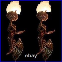 Pair Vintage Art Nouveau Deco light Old Lamp Mermaid Wall Sconces Fixture Brass