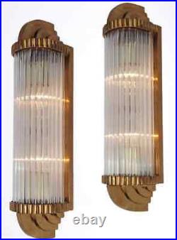 Pair Vintage Art deco Old Lamp Wall Sconces Fixture Brass &Glass Rod Ship Light