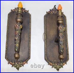 Pair Vintage c1920s Art Deco WALL SCONCE Sirocco Pressed Wood Light Nouveau Lamp