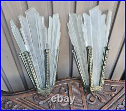 Pair art deco bronze glass disc wall appliques sconces