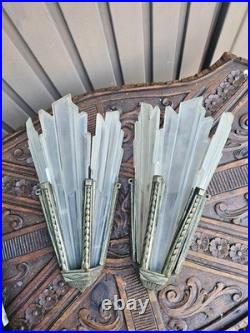 Pair art deco bronze glass disc wall appliques sconces