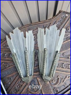 Pair art deco bronze glass disc wall appliques sconces