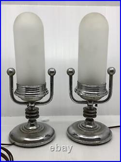 Pair of 13 Vintage Chrome Art Deco Table Lamps Microphone Shaped Frosted Shades
