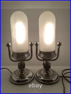 Pair of 13 Vintage Chrome Art Deco Table Lamps Microphone Shaped Frosted Shades