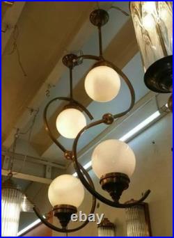 Pair of Antique Art Deco Brass Ceiling Lights Vintage Fixtures with Milk Glass