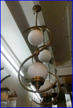 Pair of Antique Art Deco Brass Ceiling Lights Vintage Fixtures with Milk Glass