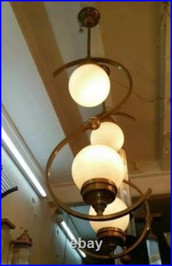 Pair of Antique Art Deco Brass Ceiling Lights Vintage Fixtures with Milk Glass