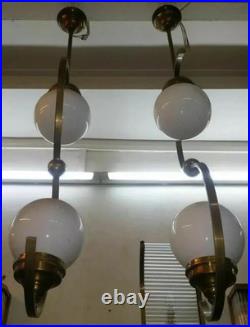 Pair of Antique Art Deco Brass Ceiling Lights Vintage Fixtures with Milk Glass