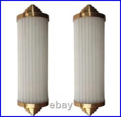 Pair of Antique Art Deco Brass & Milk Glass Rod Wall Sconces Vintage Style Lamp