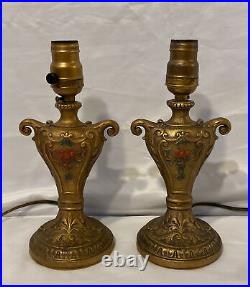 Pair of Antique Art Deco Gold Gilt Cast Iron Boudoir Lamps Polychrome Painted