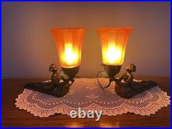 Pair of Art Deco Lamps Lady Nymphs Laying Down Table Lamps