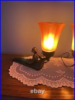 Pair of Art Deco Lamps Lady Nymphs Laying Down Table Lamps