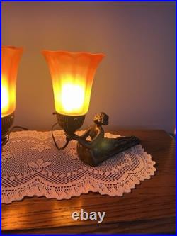 Pair of Art Deco Lamps Lady Nymphs Laying Down Table Lamps