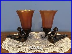 Pair of Art Deco Lamps Lady Nymphs Laying Down Table Lamps