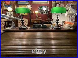 Pair of Art Deco Style Bankers Lamps with Green Glass Shades