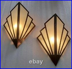 Pair of Home Art Deco Brass & Frosted Glass Skyscraper Wall Sconces Lamp