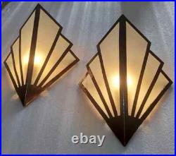 Pair of Home Art Deco Brass & Frosted Glass Skyscraper Wall Sconces Lamp