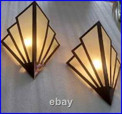 Pair of Home Art Deco Brass & Frosted Glass Skyscraper Wall Sconces Lamp