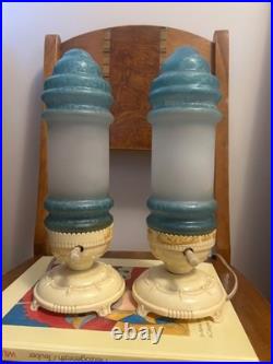 Pair of Rare 1930s Art Deco Skyscraper Boudoir Lamps Blue Satin Glass