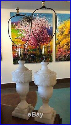 Pair of Two 2 Italian Alabaster Carving Carved Lamps Art Mid Century Modern Deco
