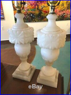 Pair of Two 2 Italian Alabaster Carving Carved Lamps Art Mid Century Modern Deco