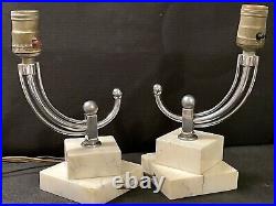 Pair of Vintage 30's Art Deco Chrome and Alabaster Vanity / Table /Boudoir Lamps