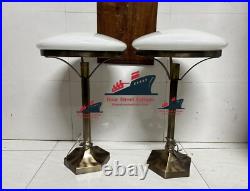 Pair of Vintage Art Deco Brass & Milk Glass Table Lamps Antique Mushroom Shape