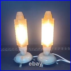 Pair of Vintage Art Deco Bullet Torpedo Skyscraper Boudoir Table Lamps Beige