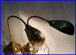 Pair of Vintage Brass Gooseneck Desk Table Lamp Clam Shell Shade Art Deco