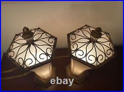 Pair of Vintage Legacy Art Deco Style Table Lamps Metal Embroidered Fabric 17