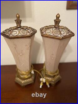 Pair of Vintage Legacy Art Deco Style Table Lamps Metal Embroidered Fabric 17