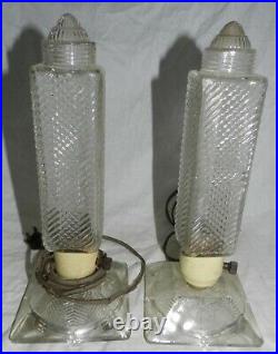 Pair of Vintage Mid Century Modern Clear Glass Skyscraper Style Bedroom Lamps