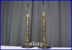 Pair of pierced cast iron Floral table lamps, hand colored, Art Deco Nouveau era