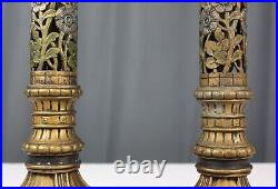 Pair of pierced cast iron Floral table lamps, hand colored, Art Deco Nouveau era