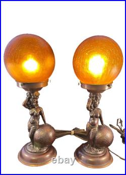 Pair of vintage nude figural Art Deco boudoir lamps