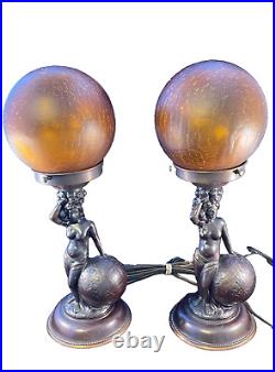 Pair of vintage nude figural Art Deco boudoir lamps