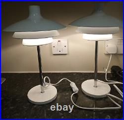 Pair white metal and chrome retro lamps, space age style, art deco, scandi style
