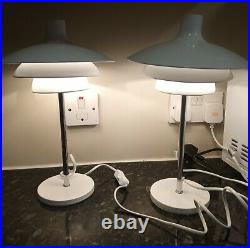 Pair white metal and chrome retro lamps, space age style, art deco, scandi style