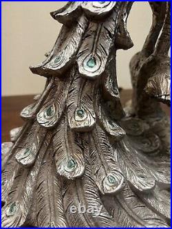 Peacock Art Deco Table Lamp Silver Color Resin withTurquoise Feather Accents